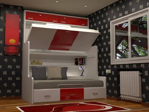 Dormitorio cama matrimonial abatible con altillo y armarios laterales